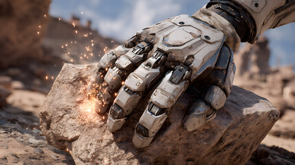 A robust, advanced mechanical hand rests on a rough rock, with sparks flying from the point of contact, set against a desert landscape.