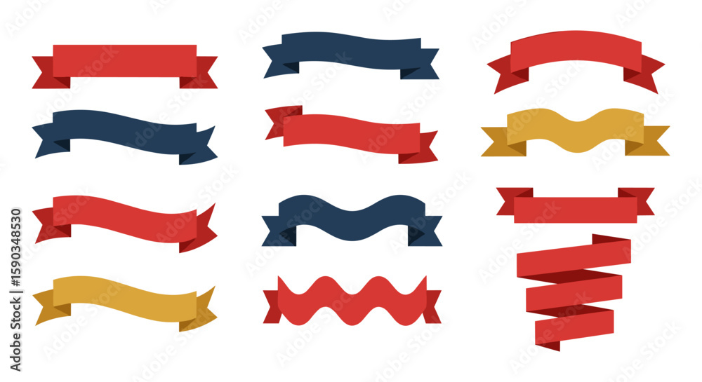 Poster a collection of colorful, vector-style ribbons in various shapes and designs, perfect for adding vis