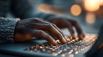 African American hands typing on laptop keyboard illuminated in soft focus ambient light late at night.
