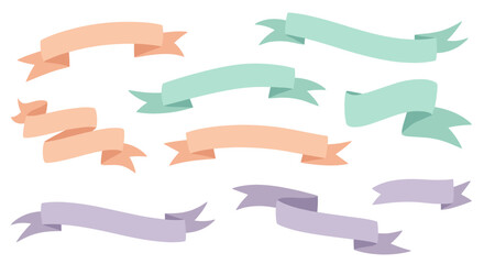 A set of nine pastel-colored ribbon banners in peach, teal, and lavender hues, perfect for adding a decorative touch to designs and emphasizing key messages.