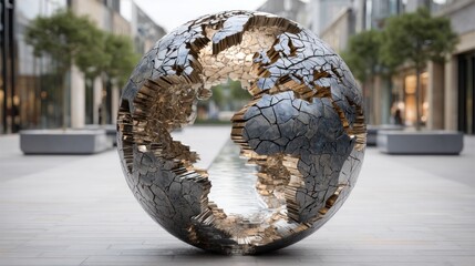 Sculptural Earth Globe with Cracked Exterior in an Urban Landscape