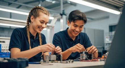 Two smiling young engineers are assembling an electronic device in a brightly lit laboratory, showcasing teamwork and innovation in modern technology