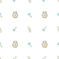 Seamless pattern with alarm clock and binder clips