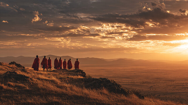 Eight Maasai silhouetted at sunrise on the golden savanna, adorned in vivid red shukas, gazing over the East African plains under a dramatic glowing sky