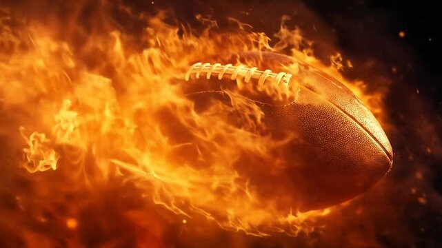 Flaming rugby ball engulfed in intense fire with blazing flames and sparks creating dramatic sports action scene against dark background. Awesome effect - Powered by Adobe