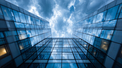 Obraz premium Upward view between modern glass skyscrapers with reflective facades and dramatic cloudy sky