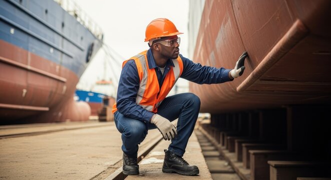 African american marine engineer crouching, inspecting the hull of a large ship in dry dock, ensuring structural integrity and adherence to maritime safety standards