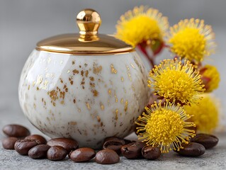 Decorative sugar bowl with gold accents sits among coffee beans and yellow billy button flowers still life.