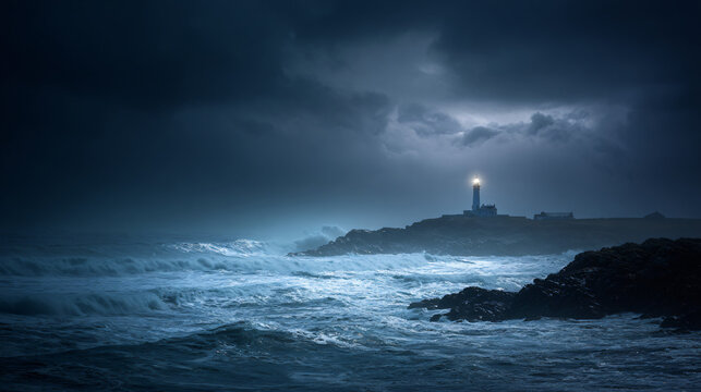 Dramatic nighttime seascape with crashing waves and lighthouse beacon on stormy coast