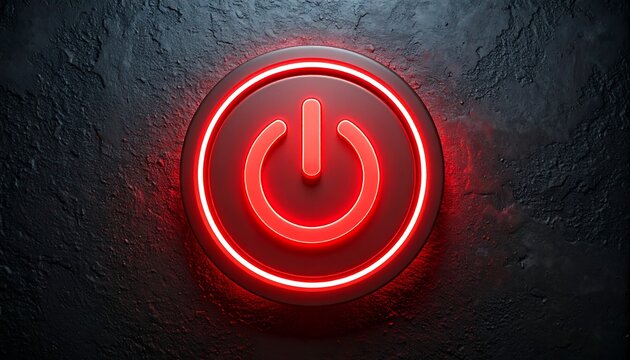 Red neon power button on dark textured wall
