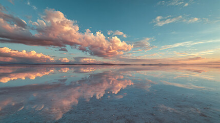 Tranquil sunrise over mirrored salt flat reflecting colorful clouds and distant mountains