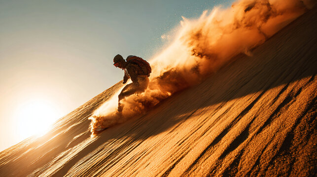 Adventurous sandboarder racing down golden desert dune at sunset with dynamic sand spray