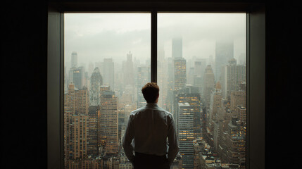 Fototapeta premium Contemplative man in business attire stands before a rain-streaked window overlooking a foggy cityscape, conveying solitude and introspection.