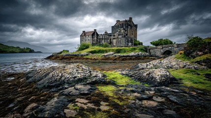 Fototapeta premium Dramatic historic stone castle on tidal island surrounded by rugged rocks and mossy landscape