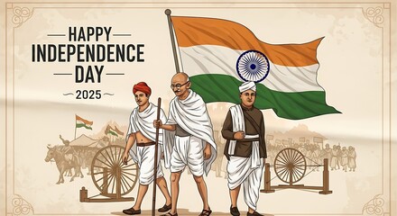 Illustration depicting Indian Independence Day celebration with figures, flag, and traditional elements.