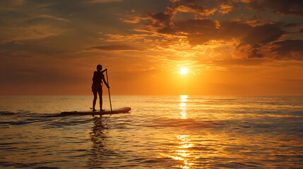 Silhouetted paddleboarder glides across golden sunset on calm mirrored water