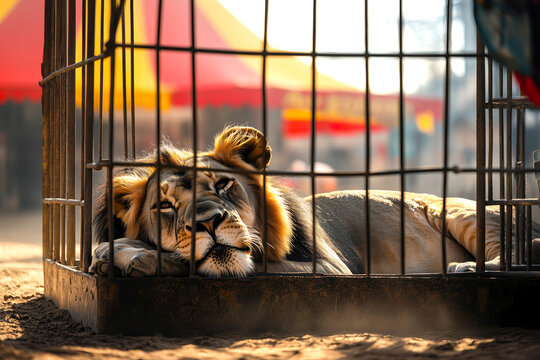 Exhausted lion rests behind bars in dusty cage near circus tents. Concept of captivity, suffering behind entertainment and global shift toward banning wild animals from inhumane circus practices