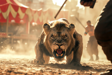 Roaring aggressive lion on trainers wield sticks, tense scene framed by circus backdrop. Concept of forced tricks, animal stress and cruelty in outdated performance traditions and captivity abuse