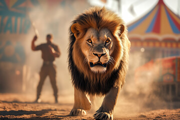 Lion run, escape across dusty circus ground, trainer try to stop him holds whip. Concept of cruelty, outdated shows, animal exploitation and ethical call to end suffering in violent circus traditions