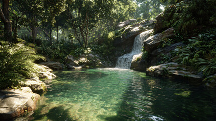 Naklejka premium Serene tropical forest waterfall cascading into a crystal-clear emerald pond amid lush foliage