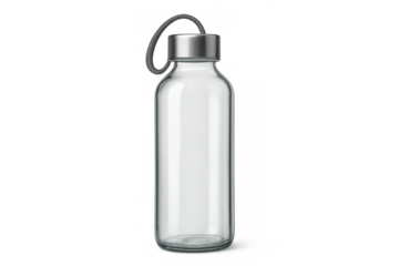 Glass water bottle featuring silver cap and hanging cord, minimalist design against transparent backdrop for clean product presentation