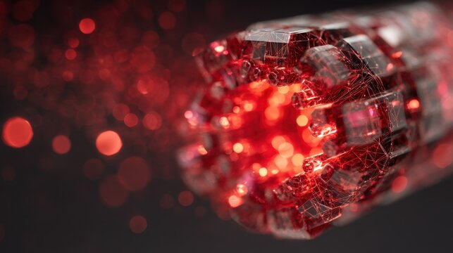 Glowing red heating element activating thermomagnetic depolymerisation process, breaking down complex plastic waste structures for innovative recycling and environmental sustainability