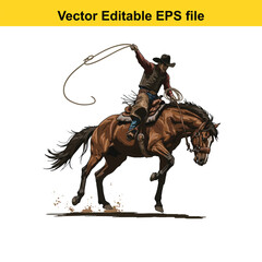 Cowboy riding a horse with a lasso isolated on white