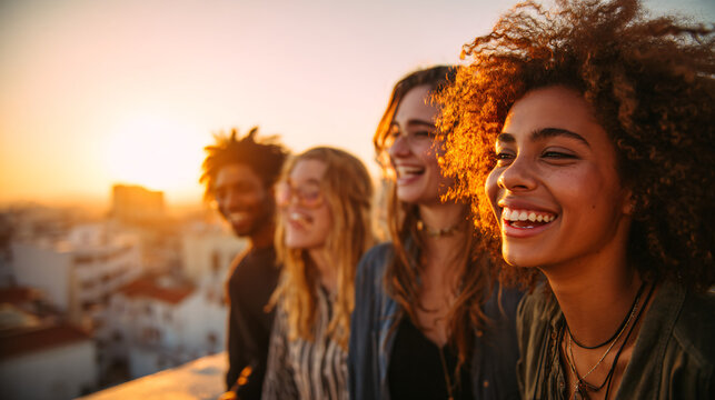 Four joyful young adults laughing together at sunset on a rooftop with city skyline - Powered by Adobe