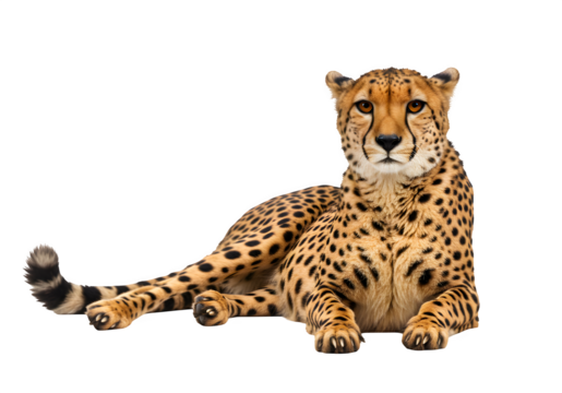 Elegant cheetah in sphinx pose with spotted coat and piercing eyes, facing forward. Perfect for wildlife or nature themes. Isolated on white or transparent background. PNG