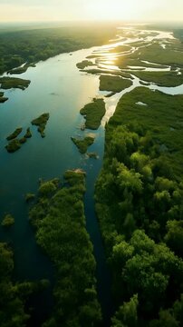 Aerial View of River Delta at Sunset with Reflections
