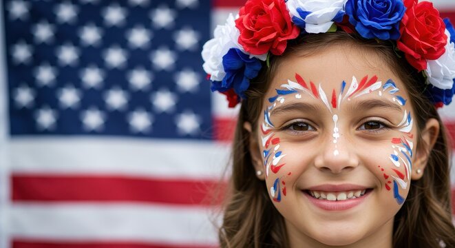 Child with patriotic face paint smiles at camera