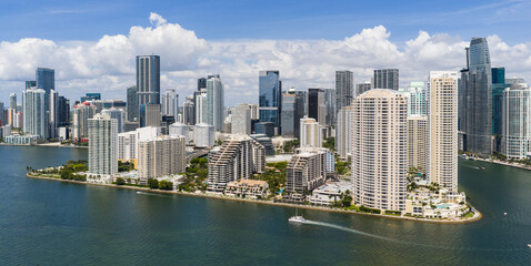 Aerial view of Brickell skyscrapers. Modern cityscape of downtown Miami. Panoramic Miamis skyline...