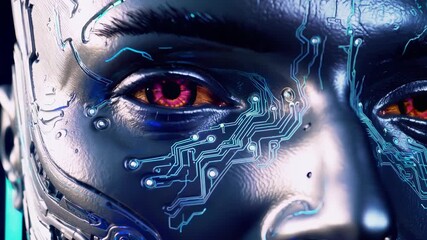 Artificial intelligence awakening, observing humanoid robot with red eyes - Powered by Adobe