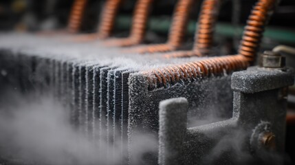Close up of a heat pump condenser coil with frost forming on the fins, demonstrating the heat exchange process in cold weather conditions, with copper pipes and vapor visible