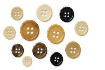Different sized and colored plastic buttons lying on a transparent background, creating a varied and textured assortment for sewing and crafts