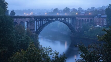Fototapeta premium Misty morning over a historic stone arch bridge spanning a tranquil river, with fog-shrouded town and greenery in the background..