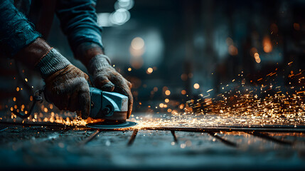 Skilled craftsman using angle grinder in workshop for metalwork projects
