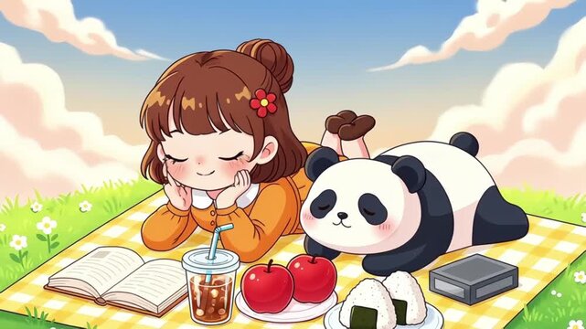 Relaxing Picnic: Girl & Panda Enjoying Food, Book, and Sunshine