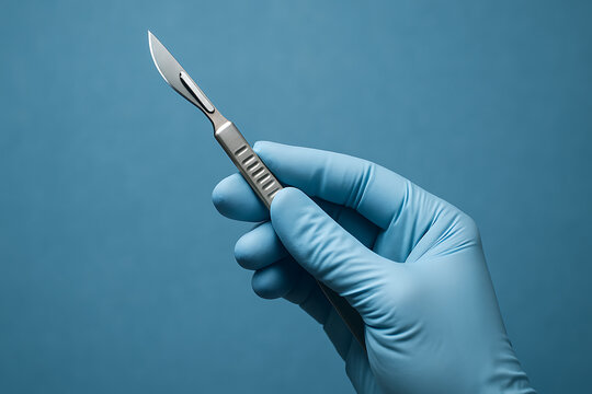 Gloved hand holding a surgical scalpel against a solid blue background, symbolizing precision and readiness for a medical procedure.