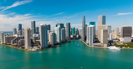Miami from Brickell Key in Florida. Skyscraper in downtown city. Cityscape skyline. Brickell...