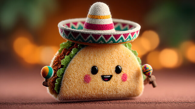 Cute cartoon taco with a sombrero and maraca celebrating cinco de mayo