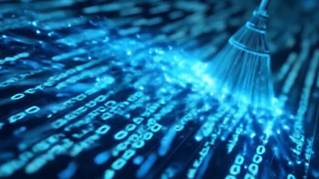 Digital broom sweeping away binary code and computer data representing cybersecurity cleaning process removing cookies and malware threats. Concept animation