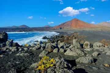 Fototapeten Naturpark Volcanic scenery with yellow volcanic vegetation in the front near to Green Lake and natural park Timanfaya in Lanzarote, Spain    © andras_csontos