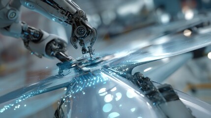 Robotic arm applying composite material to the wing of an evtol aircraft in a futuristic factory, highlighting advanced manufacturing and technological innovation