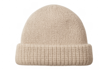 Neutral-toned knitted beanie displaying cozy winter headwear against transparent backdrop