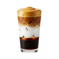 A refreshing iced coffee beverage featuring distinct layers of dark espresso, white milk, and a rich, creamy foam on top, served in a tall glass.