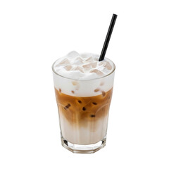 A tall glass of refreshing iced coffee featuring distinct layers of milk, rich espresso, and a creamy frothy topping with ice cubes and a black straw, perfect for a cool drink.
