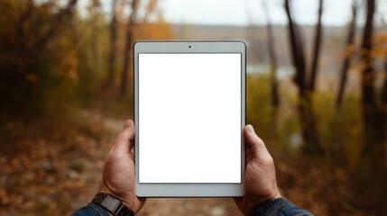A person holds a tablet with a blank white screen in an autumn forest setting