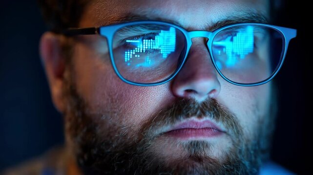 Face with glasses reflects blue computer screen