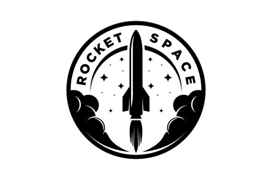 A striking monochrome emblem depicting a rocket launching into space, surrounded by stars and clouds.